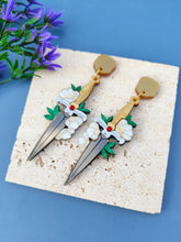 Load image into Gallery viewer, Ruby Hilt Dagger statement earrings