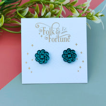 Load image into Gallery viewer, Rosette Flower stud earrings - red or teal