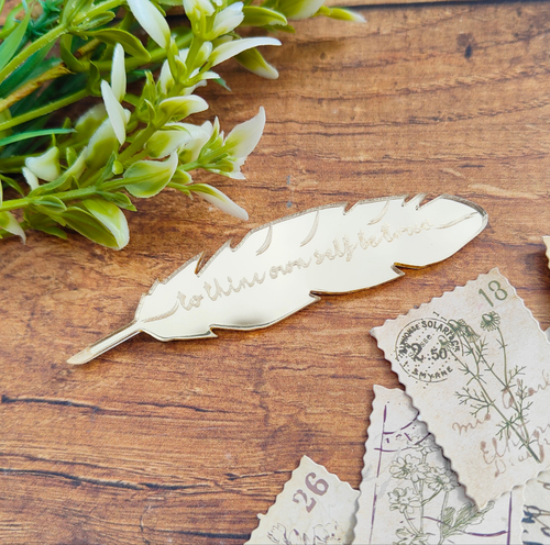 'To thine own self be true' - Shakespeare mirrored quill brooch