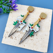 Load image into Gallery viewer, Ruby Hilt Dagger statement earrings