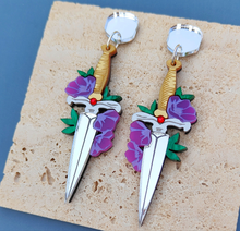 Load image into Gallery viewer, Ruby Hilt Dagger statement earrings