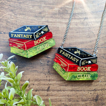 Load image into Gallery viewer, Fantasy Book Club bookstack brooch or necklace
