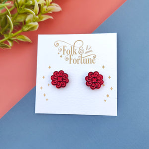 Rosette Flower stud earrings - red or teal