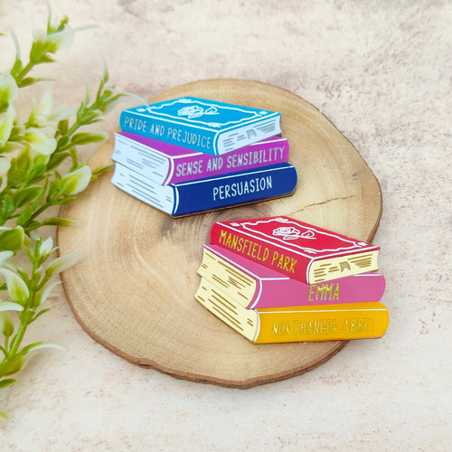 Classic Jane Austen bookstack brooch