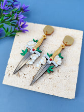 Load image into Gallery viewer, Ruby Hilt Dagger statement earrings
