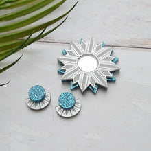 Load image into Gallery viewer, Silver and blue sunburst brooch