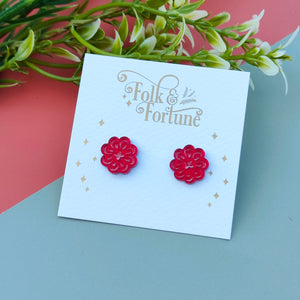 Rosette Flower stud earrings - red or teal