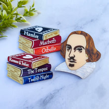 Load image into Gallery viewer, Romeo/Tempest/Twelfth Night bookstack brooch